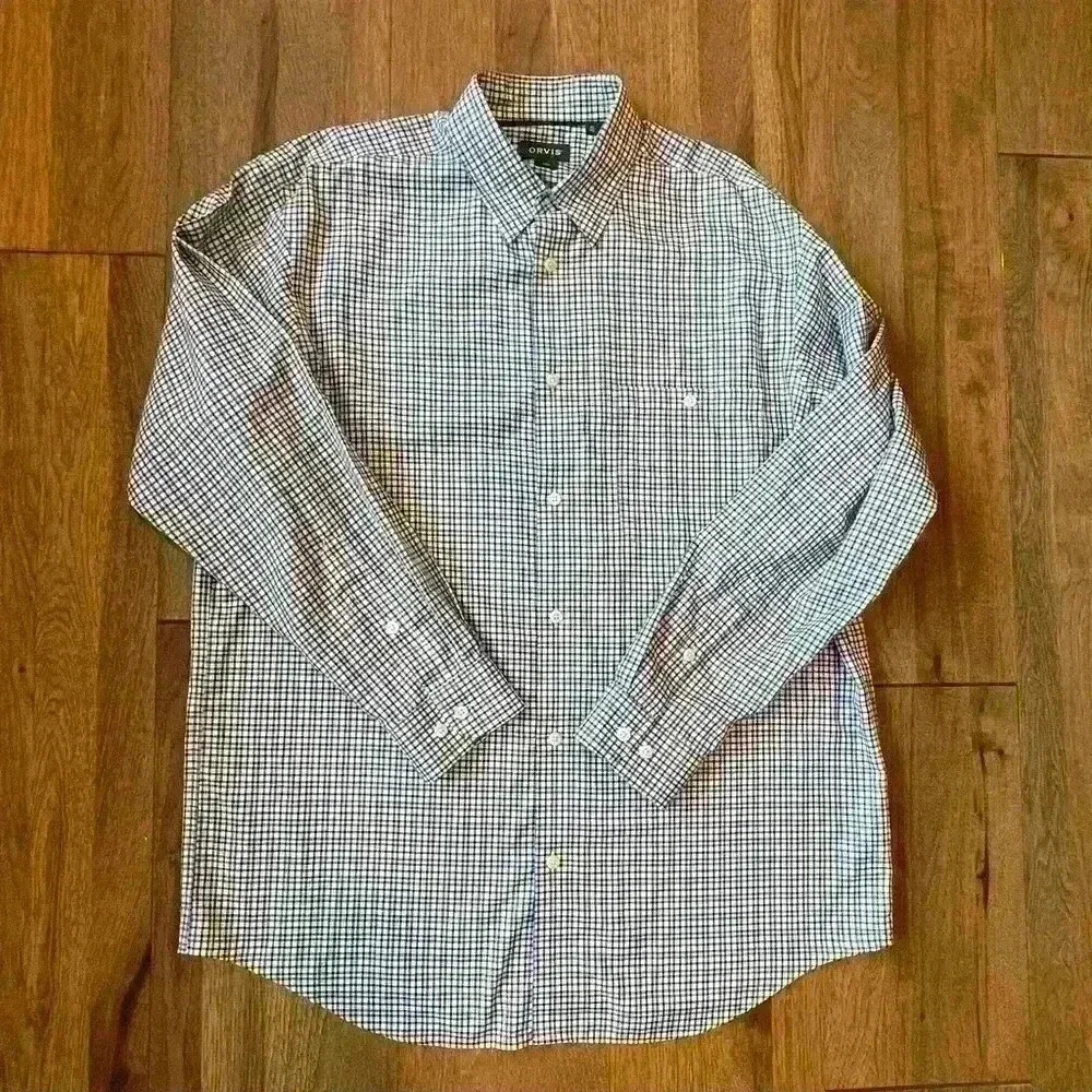 Orvis Blue Black Plaid Long Sleeve Button Down Shirt Mens Tall XL 100%‎ Cotton